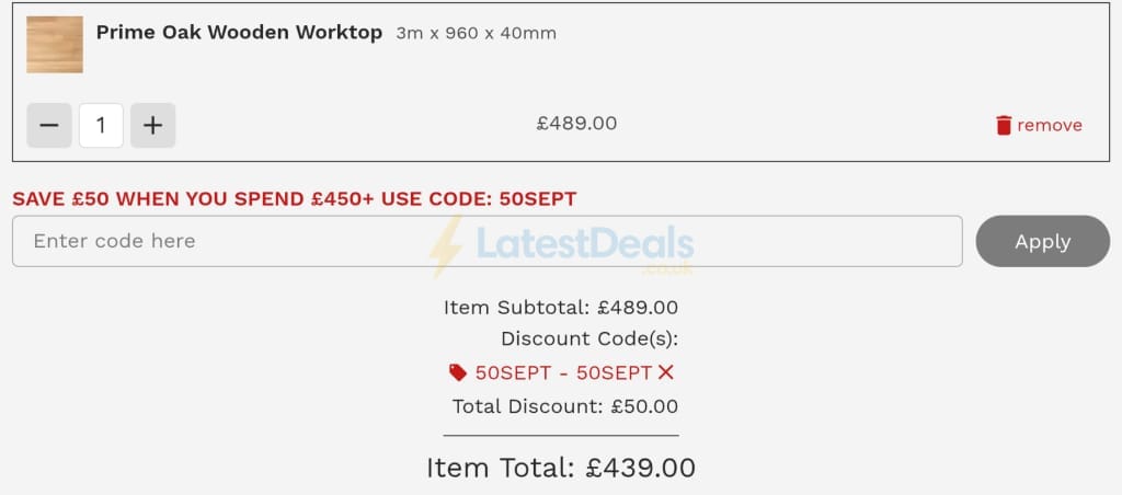Screenshot of the Worktop Express discount code working