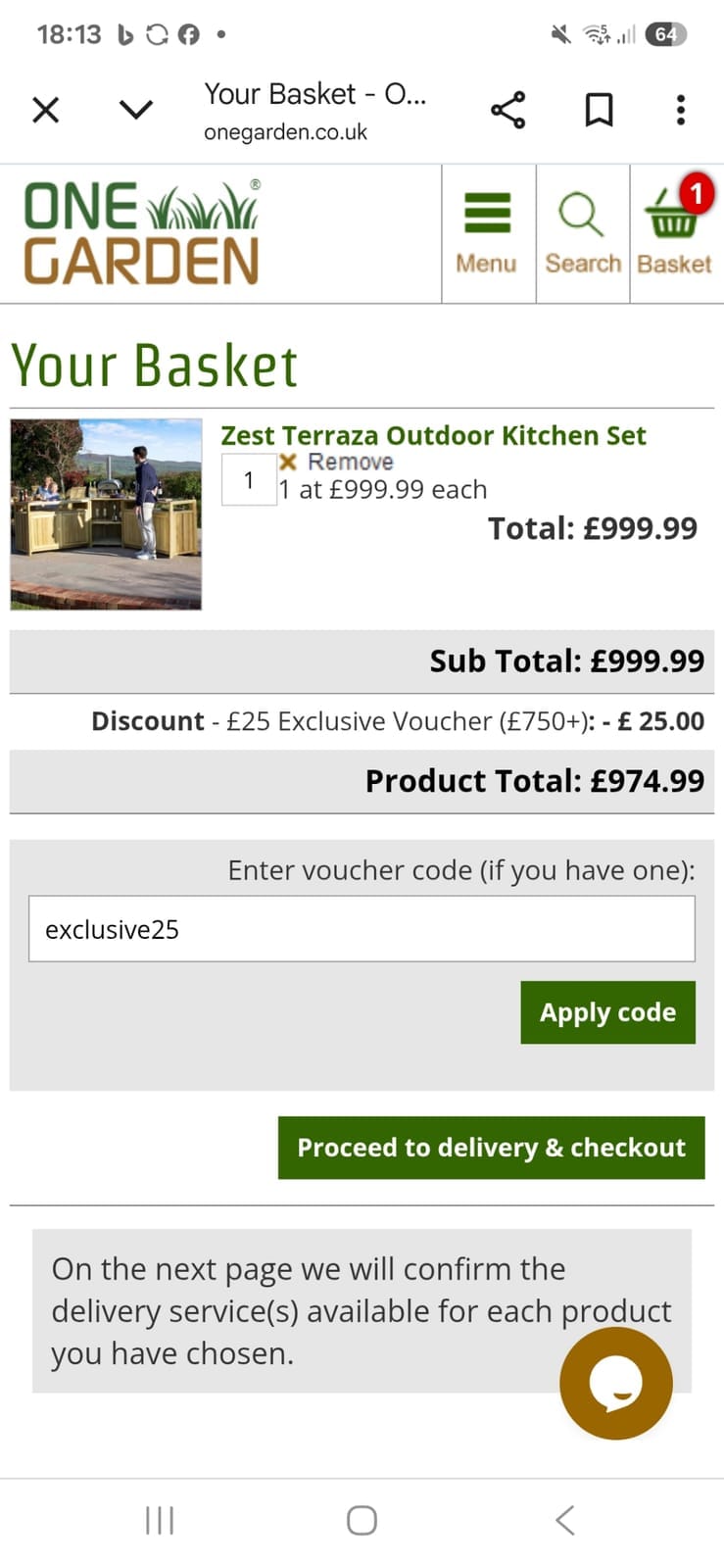 Screenshot of the One Garden discount code working