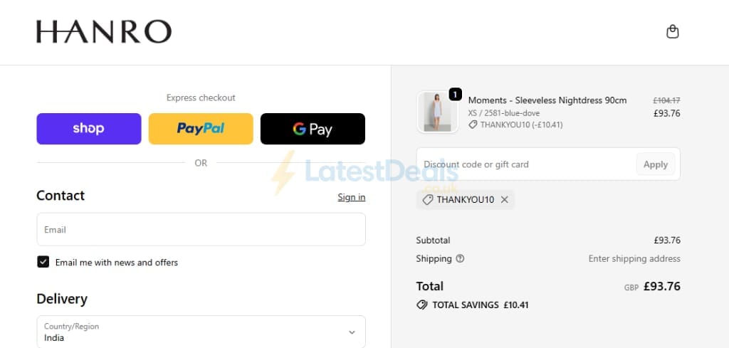 Screenshot of the Hanro discount code working