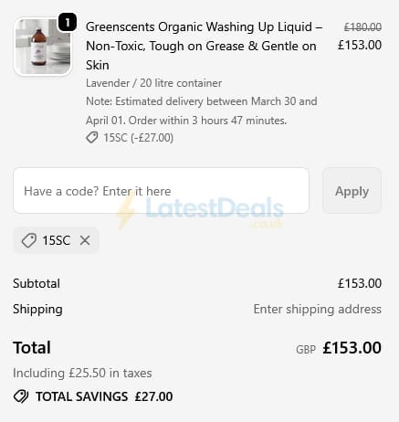 Screenshot of the Greenscents discount code working