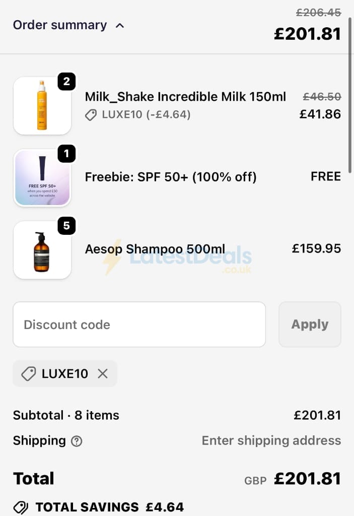 Screenshot of the LuxuriousLook discount code working