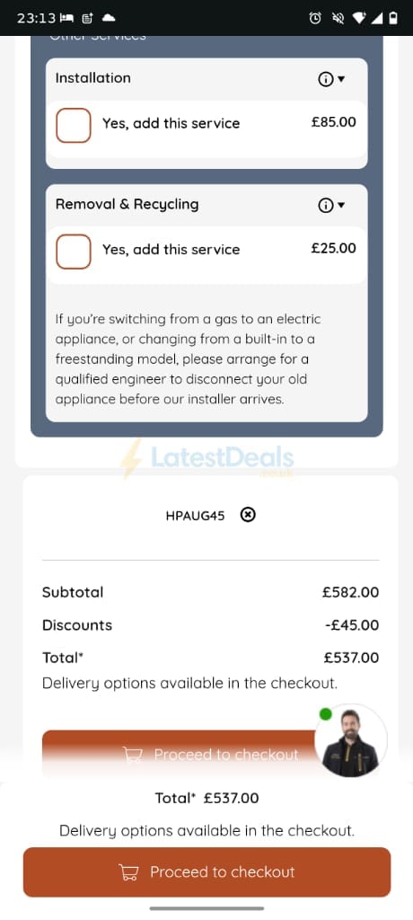 Screenshot of the Hotpoint discount code working
