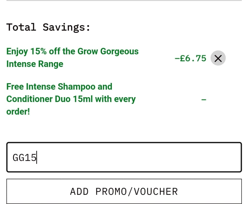 Screenshot of the Grow Gorgeous discount code working