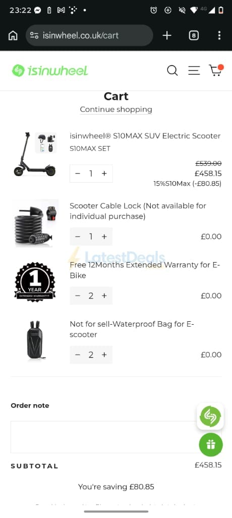 Screenshot of the iSinwheel discount code working
