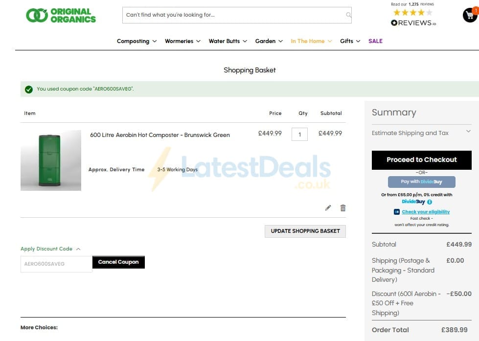 Screenshot of the Original Organics discount code working