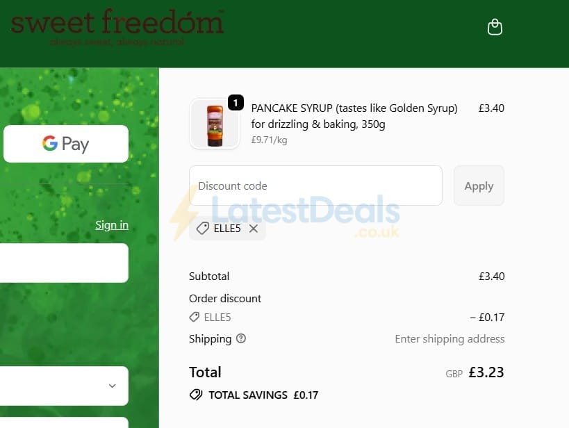 Screenshot of the Sweet Freedom discount code working