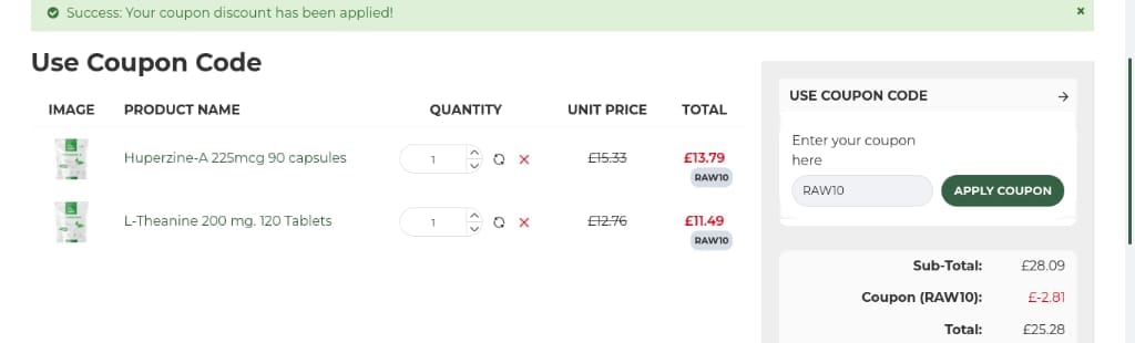 Screenshot of the Raw Powders discount code working