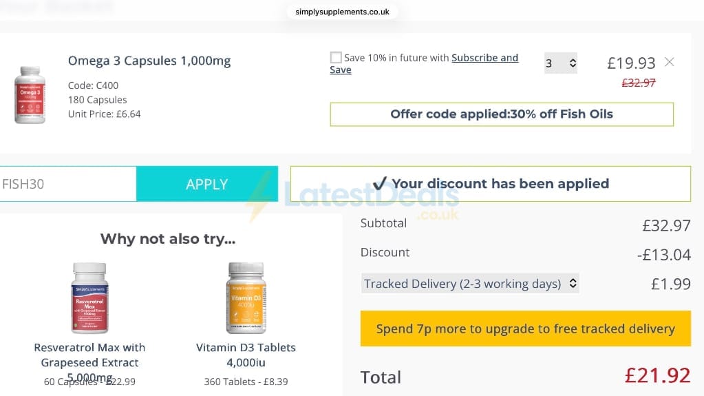 Screenshot of the SimplySupplements discount code working