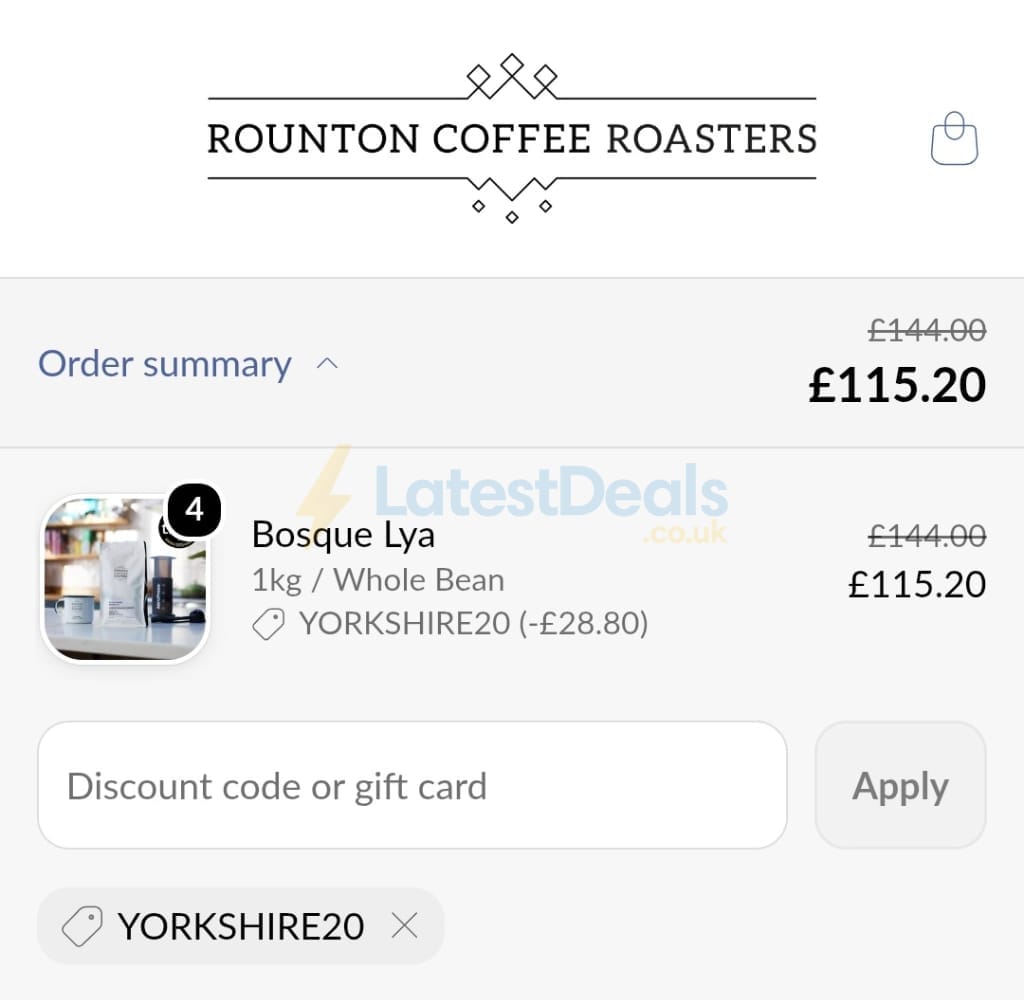 Screenshot of the Rounton Coffee Roasters discount code working