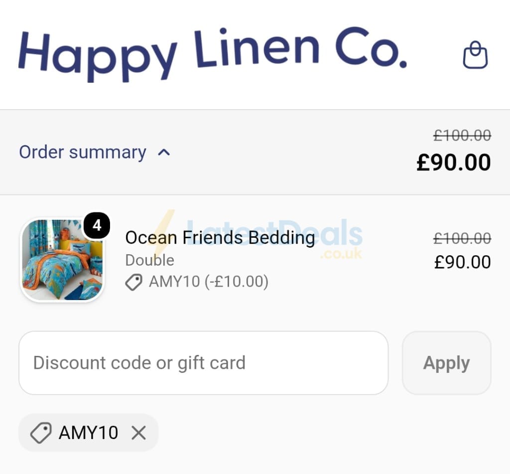 Screenshot of the Happy Linen Company discount code working