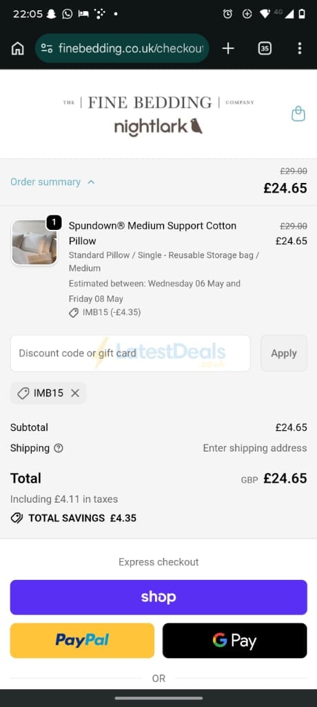 Screenshot of the The Fine Bedding Company discount code working
