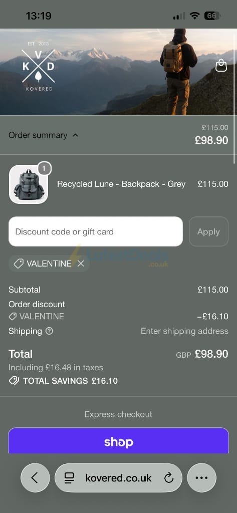 Screenshot of the KOVERED discount code working