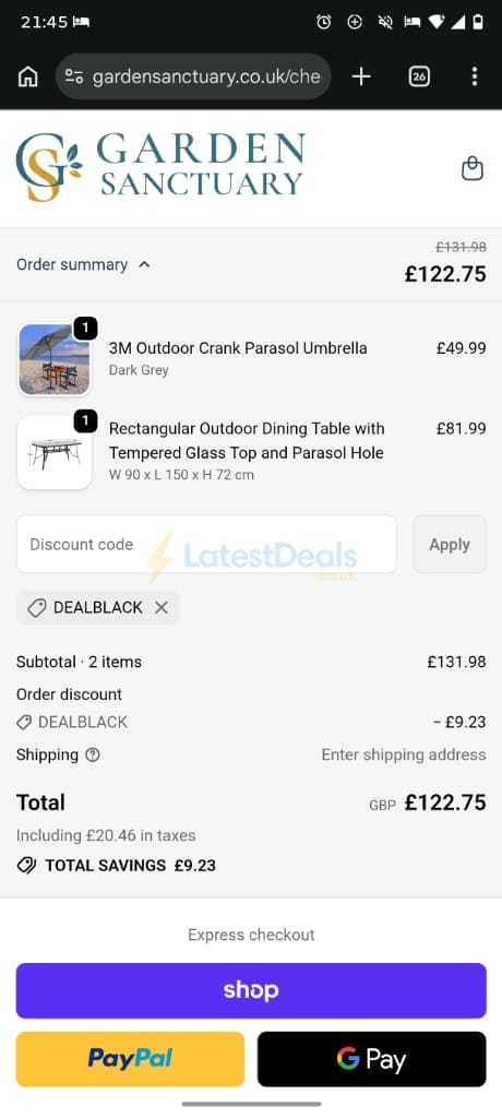 Screenshot of the Garden Sanctuary discount code working