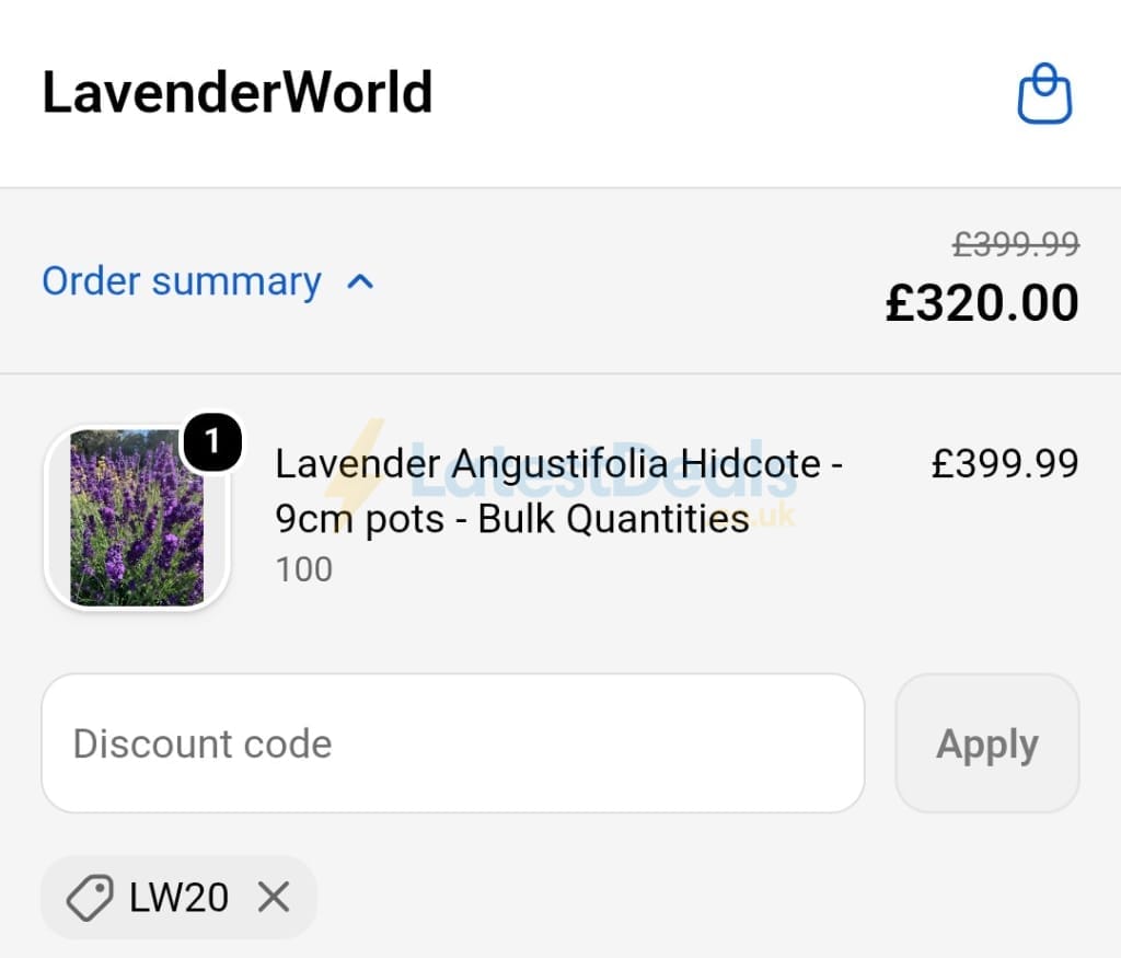 Screenshot of the Lavender World discount code working
