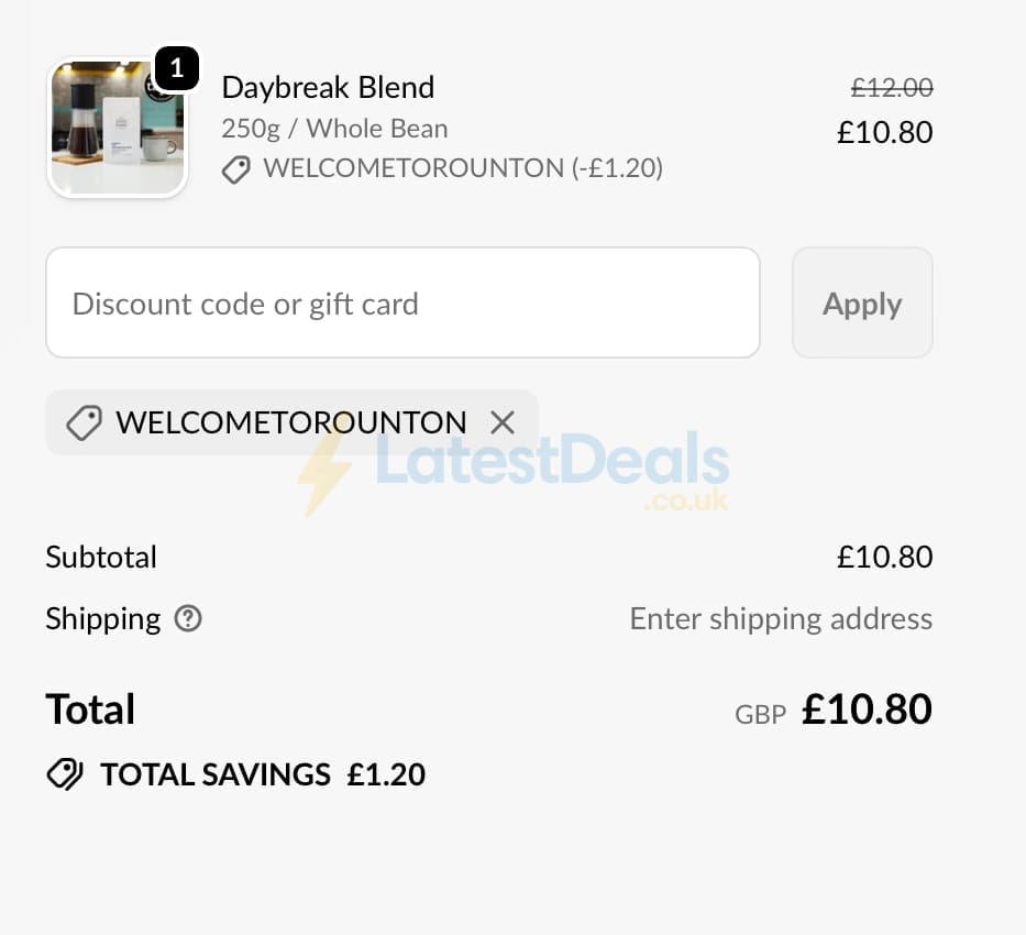 Screenshot of the Rounton Coffee Roasters discount code working