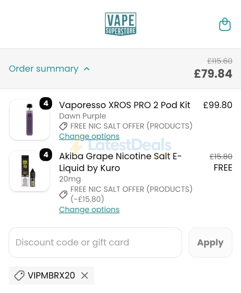 Screenshot of the Vape Superstore discount code working