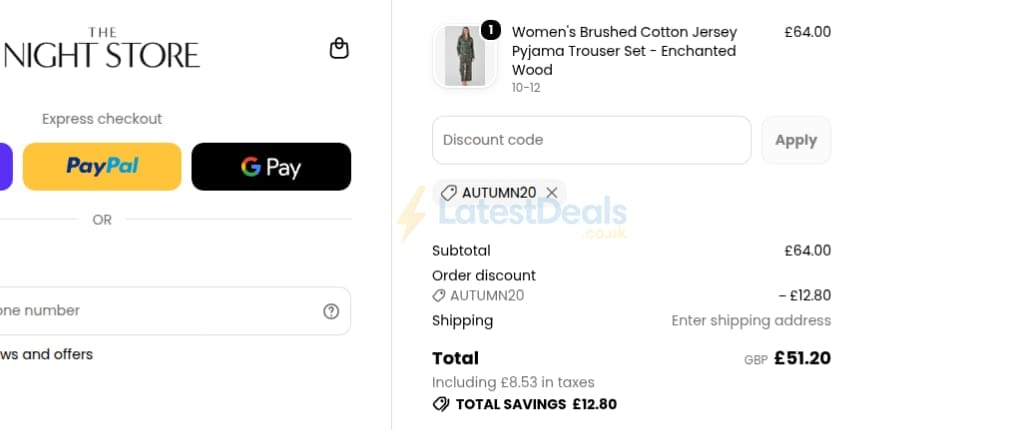 Screenshot of the The Night Store discount code working