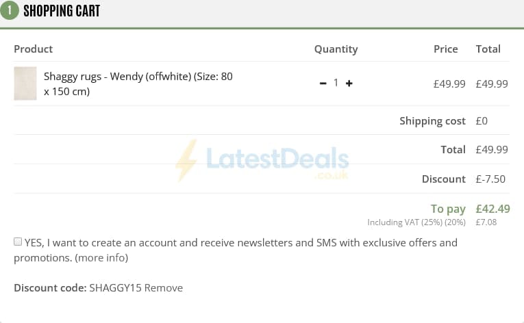 Screenshot of the Trendcarpet discount code working