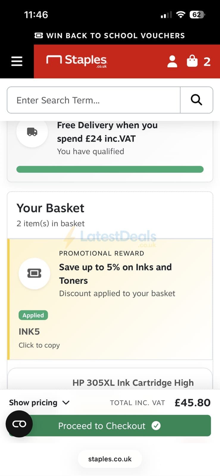 Screenshot of the Staples discount code working