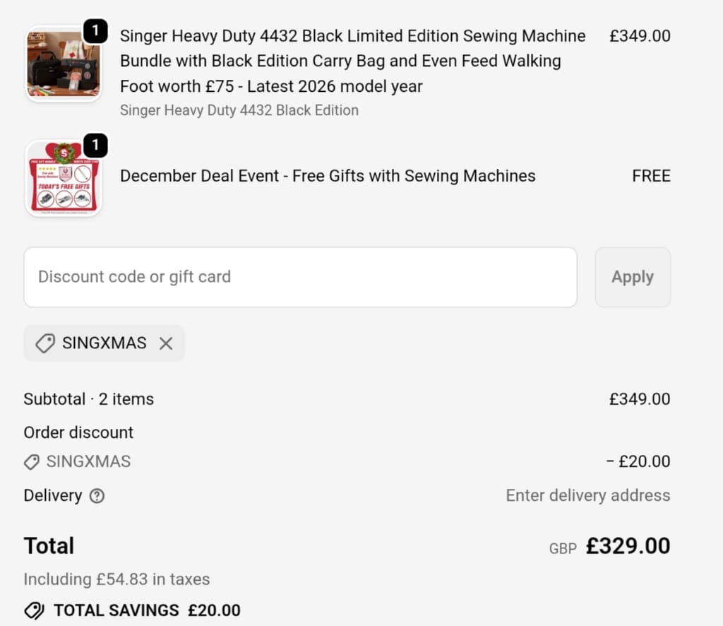 Screenshot of the Singer Sewing Outlet discount code working
