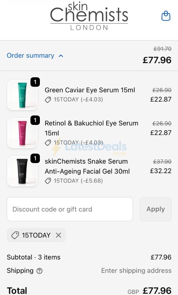 Screenshot of the skinChemists discount code working