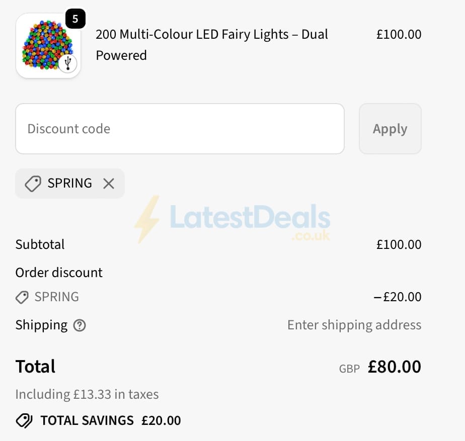 Screenshot of the SPV Lights discount code working