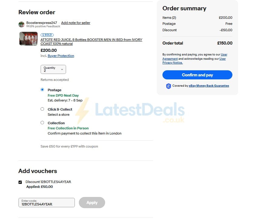 Screenshot of the ebay discount code working