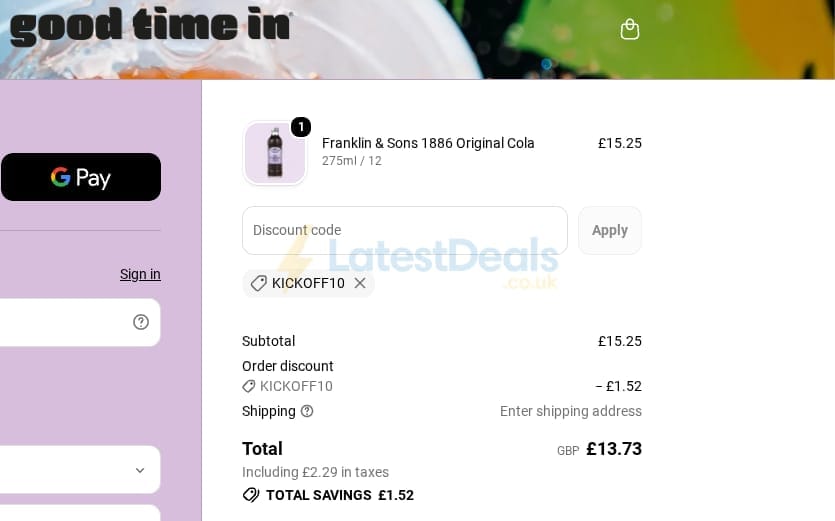 Screenshot of the Goodtimein discount code working