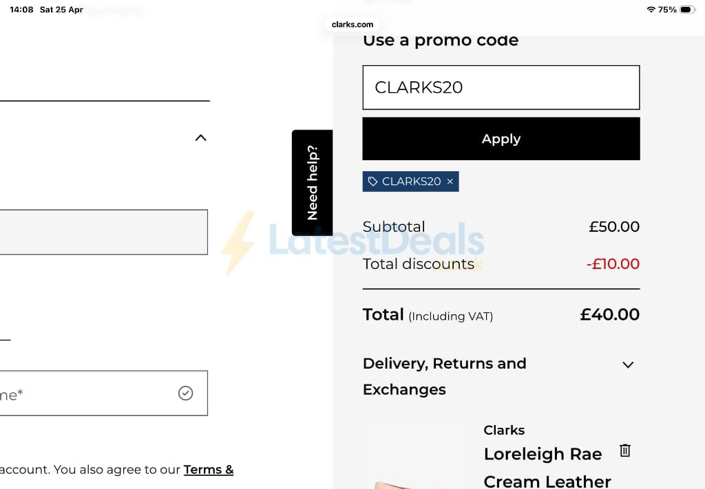 Screenshot of the Clarks discount code working
