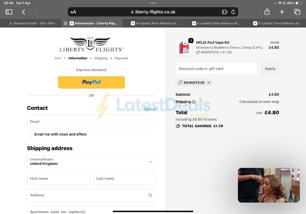 Screenshot of the Liberty Flights discount code working
