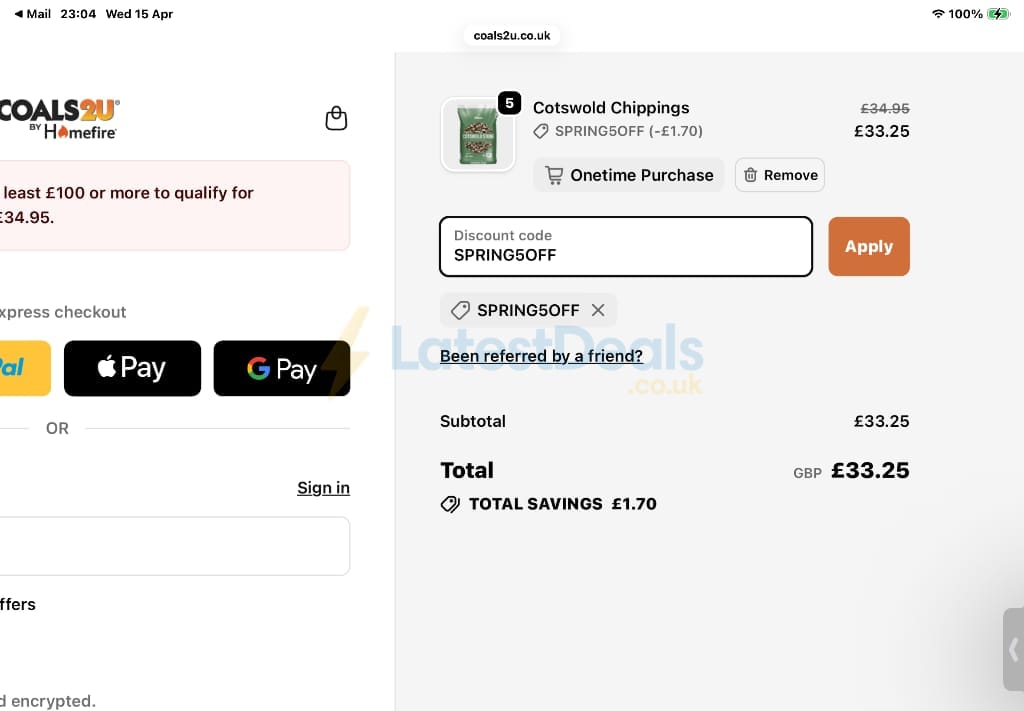 Screenshot of the Coals 2 U discount code working