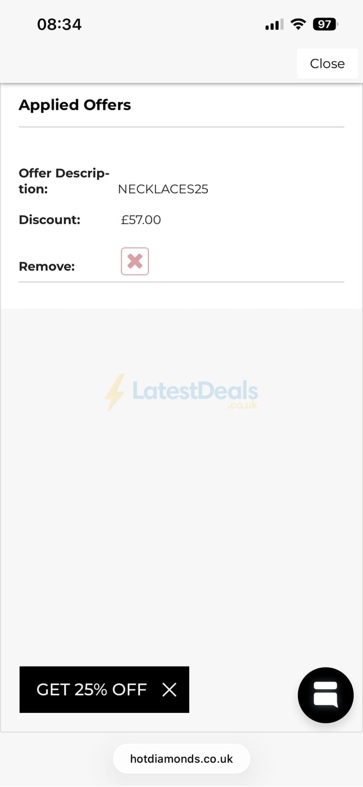 Screenshot of the Hot Diamonds discount code working