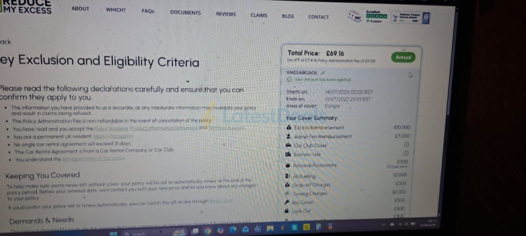 Screenshot of the Reduce My Excess discount code working