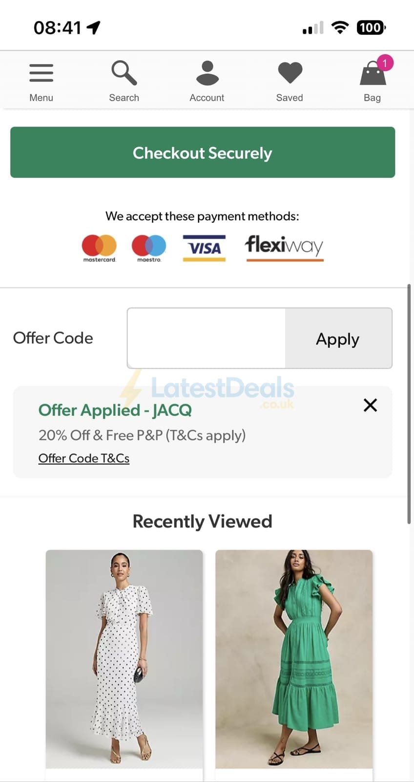 Screenshot of the Grattan discount code working