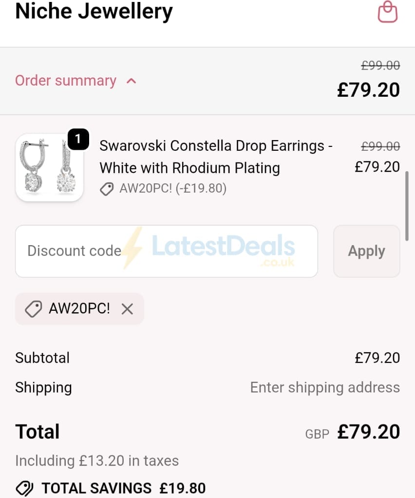 Screenshot of the Niche Jewellery discount code working
