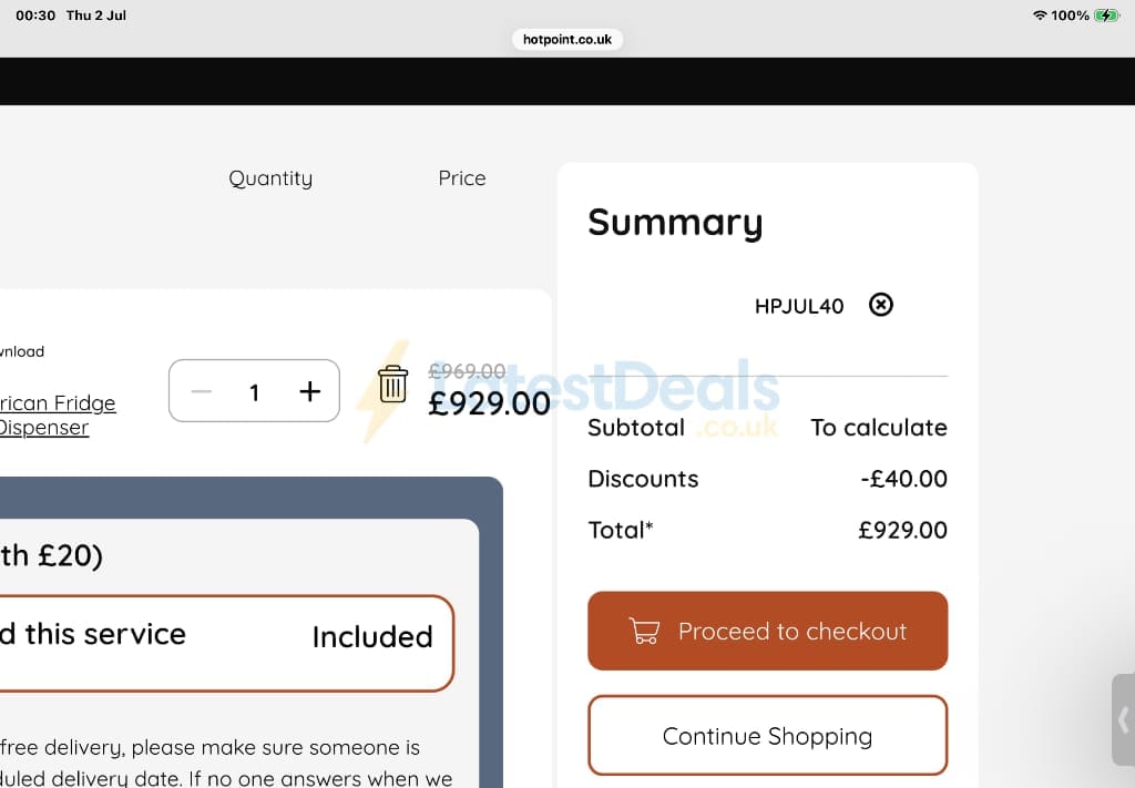 Screenshot of the Hotpoint discount code working