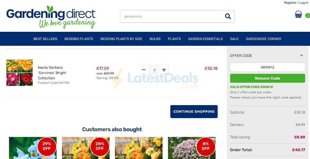 Screenshot of the Gardening Direct discount code working