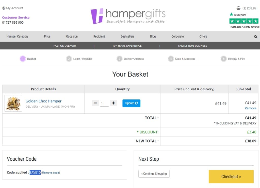 Screenshot of the Hampergifts discount code working