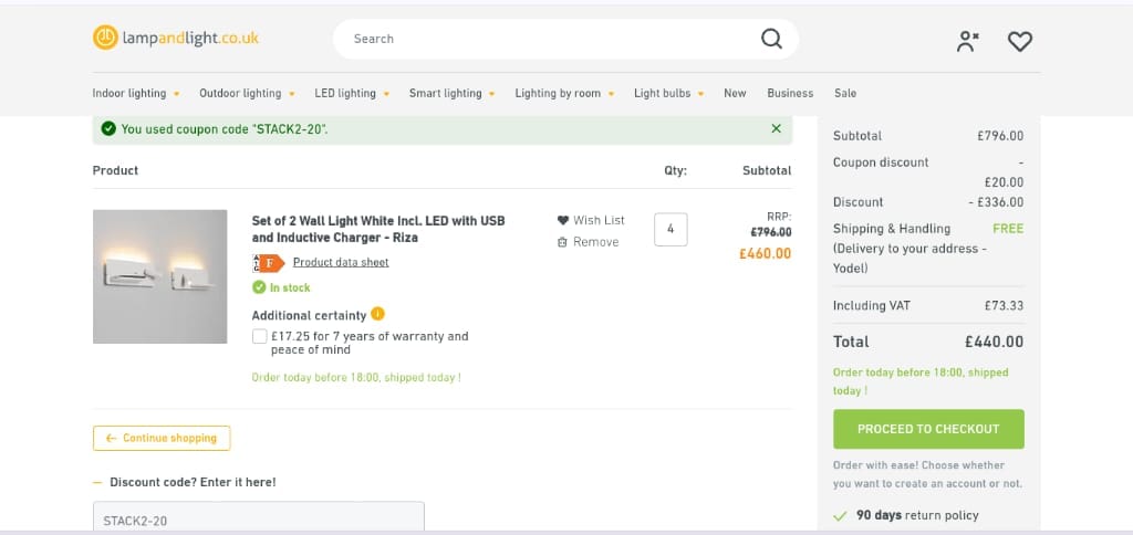 Screenshot of the Lampandlight discount code working