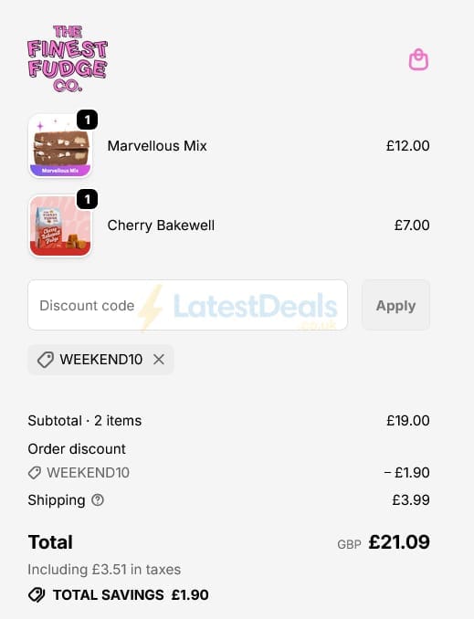 Screenshot of the The Finest Fudge Co. discount code working
