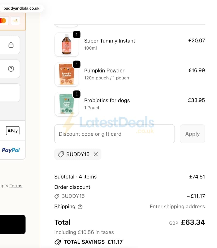 Screenshot of the Buddy & Lola discount code working