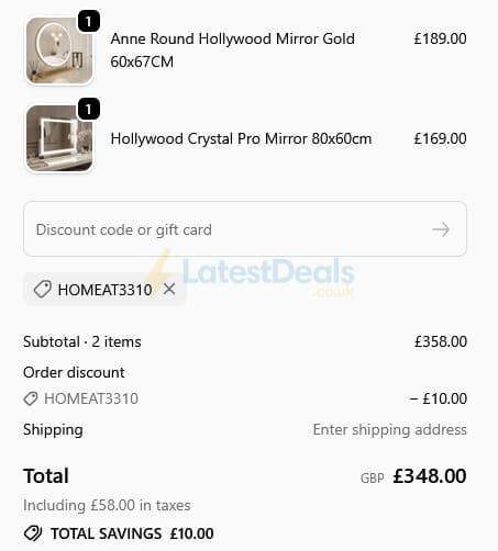 Screenshot of the Hollywood Mirrors discount code working