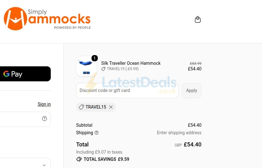 Screenshot of the Simply Hammocks discount code working