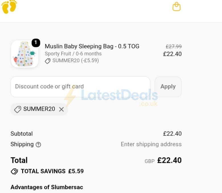 Screenshot of the Slumbersac discount code working
