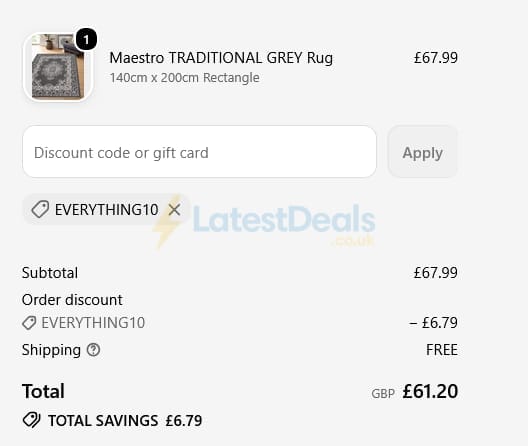 Screenshot of the Rugsdirect discount code working