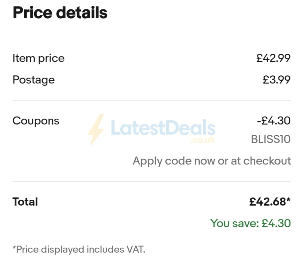 Screenshot of the ebay discount code working