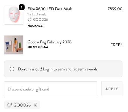 Screenshot of the Oh My Cream discount code working