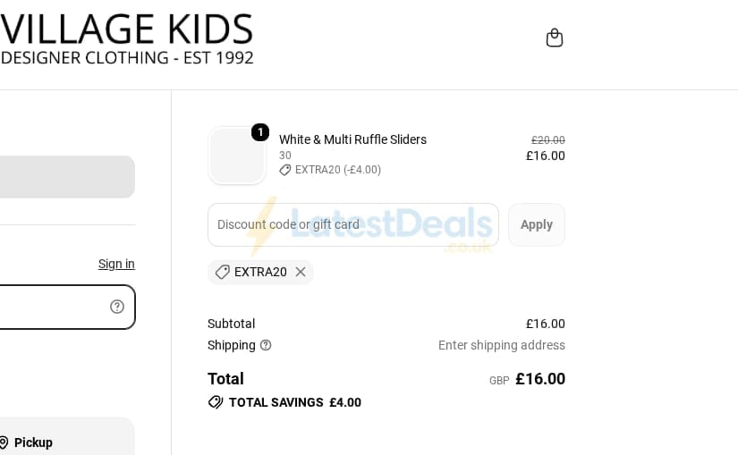 Screenshot of the Village Kids discount code working