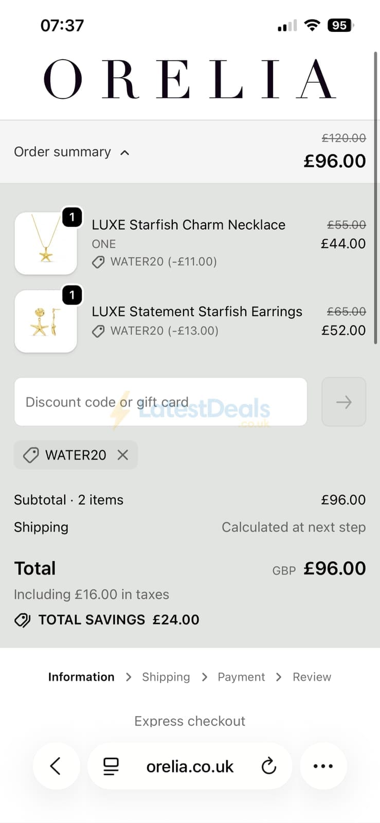 Screenshot of the Orelia discount code working