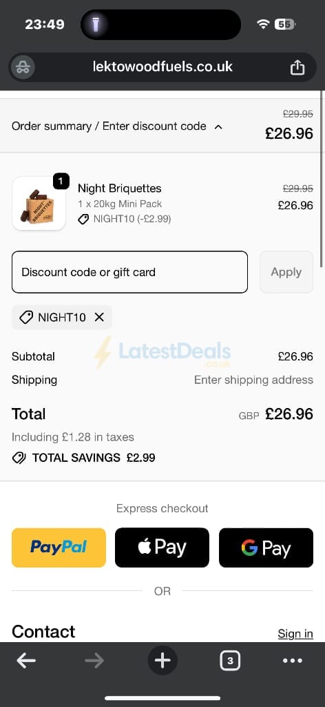 Screenshot of the Lekto Wood Fuels discount code working